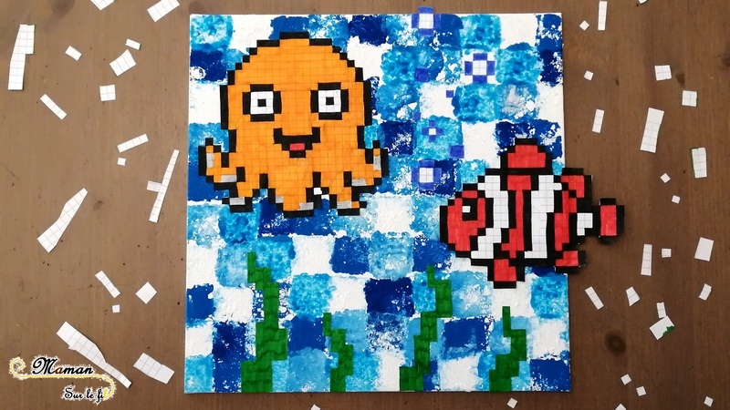 Créer un tableau de la mer en pixel art - Animaux marins, poissons, pieuvre, algues - Peinture mosaïque à l'éponge - Activité créative enfants été - Arts Visuels activité enfants - mslf