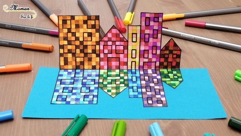 Dessiner des maisons au bord de l'eau en pixel art - Couleurs chaudes et froides - Reflets et symétrie - Activité créative enfants été - Arts Visuels - mslf