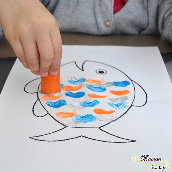 Activité Enfants été et premier avril - Peindre Poisson avec une carotte - Écailles et vagues - Art visuel et peinture - Maternelle - Activité créative - mslf