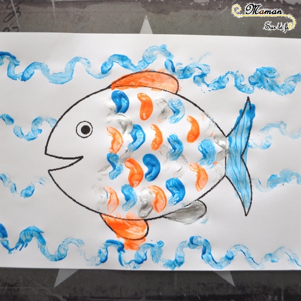 Activité Enfants été et premier avril - Peindre Poisson avec une carotte - Écailles et vagues - Art visuel et peinture - Maternelle - Activité créative - mslf