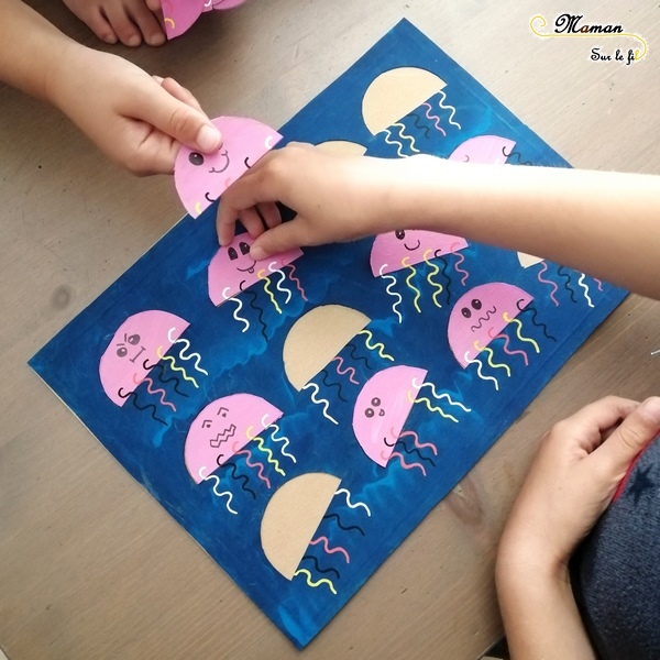 Puzzle méduses en carton - idée récup - activité enfants - diy fait maison - association couleurs tentacules - logique - casse-tete - filaments - maternelle - mslf