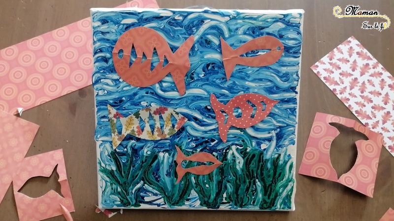 Créer un tableau Fonds marins avec poissons mobiles - peinture blanche et encre - Relief - Découpage et fil invisible - mer- Activité créative enfants été - Arts Visuels activité enfants - mslf