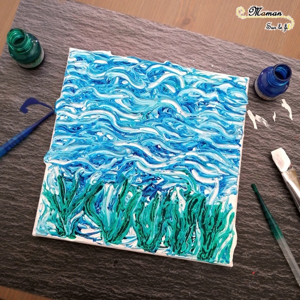 Créer un tableau Fonds marins avec poissons mobiles - peinture blanche et encre - Relief - Découpage et fil invisible - mer- Activité créative enfants été - Arts Visuels activité enfants - mslf