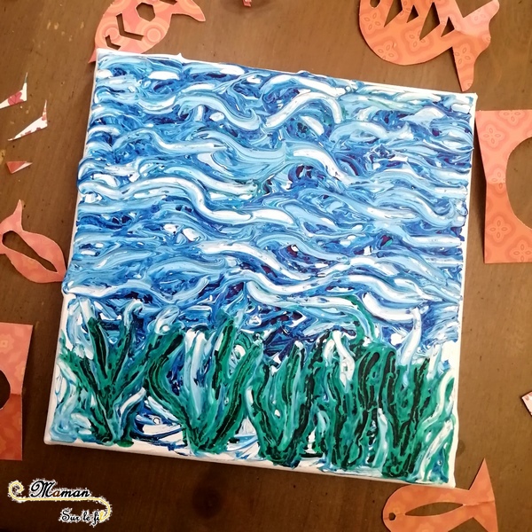 Créer un tableau Fonds marins avec poissons mobiles - peinture blanche et encre - Relief - Découpage et fil invisible - mer- Activité créative enfants été - Arts Visuels activité enfants - mslf