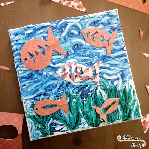 Créer un tableau Fonds marins avec poissons mobiles - peinture blanche et encre - Relief - Découpage et fil invisible - mer- Activité créative enfants été - Arts Visuels activité enfants - mslf