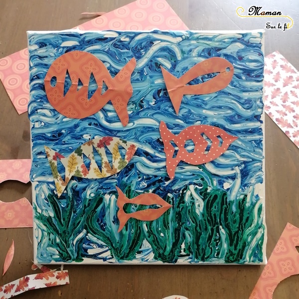 Créer un tableau Fonds marins avec poissons mobiles - peinture blanche et encre - Relief - Découpage et fil invisible - mer- Activité créative enfants été - Arts Visuels activité enfants - mslf
