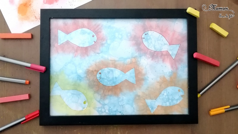 Aquarium, mer en peinture aux bulles - contours de poissons aux pastels - Poissons et été - Fonds marins - arts visuels maternelle - activité enfants - mslf