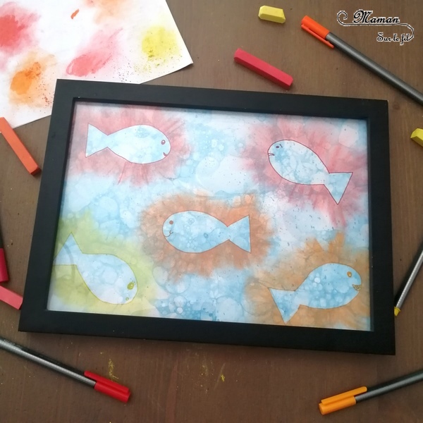 Aquarium, mer en peinture aux bulles - contours de poissons aux pastels - Poissons et été - Fonds marins - arts visuels maternelle - activité enfants - mslf