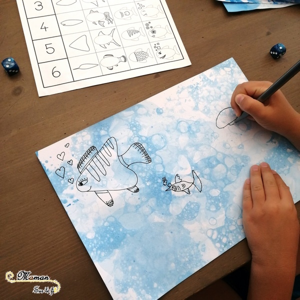 Aquarium, mer en peinture aux bulles et dessin au dé - Je lance le dé, je dessine Poissons et été - Fonds marins - arts visuels maternelle - activité enfants - mslf