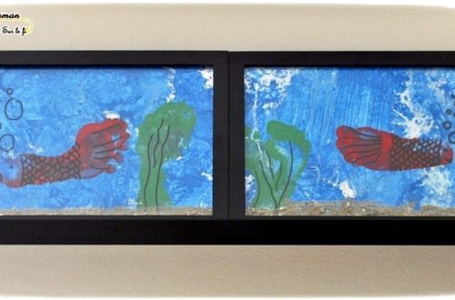 Activité Enfants été et premier avril - Peindre un aquarium avec les pieds - Papier Bulles et empreintes Poisson et algue - Art visuel Maternelle - Activité créative - mslf