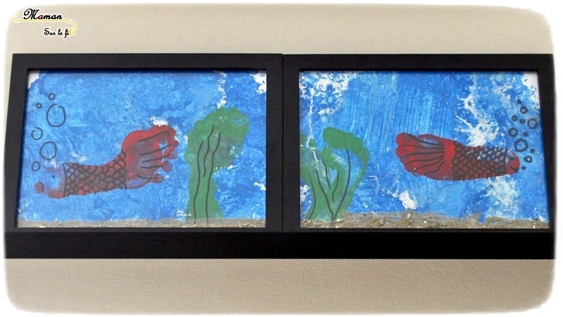 Activité Enfants été et premier avril - Peindre un aquarium avec les pieds - Papier Bulles et empreintes Poisson et algue - Art visuel Maternelle - Activité créative - mslf
