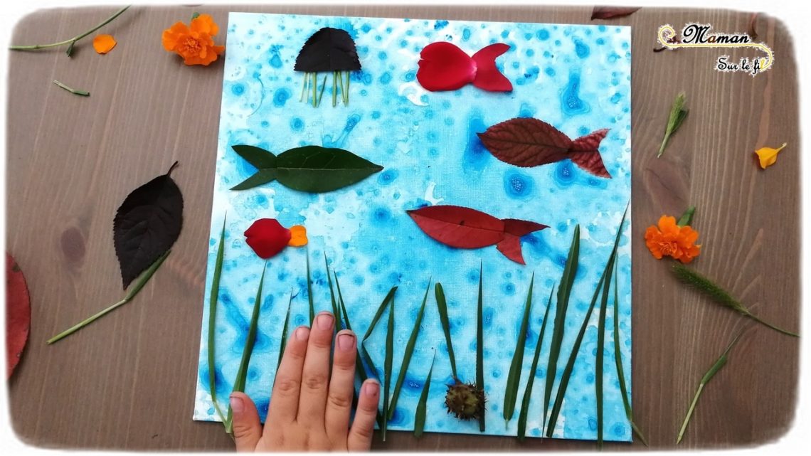 Créer un tableau des fonds marins avec des éléments de la nature - Land Art - Animaux marins, poissons, méduses, algues - Peinture bulles et papier bulle - Activité créative enfants été - Arts Visuels activité enfants - mslf