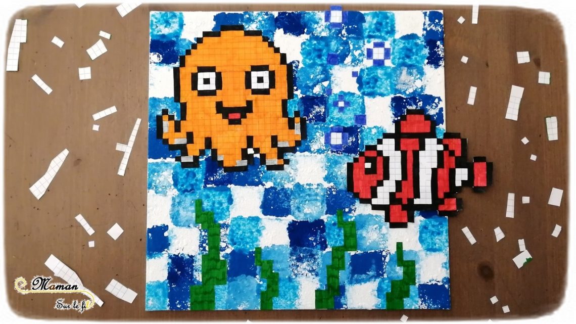 Créer un tableau de la mer en pixel art - Animaux marins, poissons, pieuvre, algues - Peinture mosaïque à l'éponge - Activité créative enfants été - Arts Visuels activité enfants - mslf