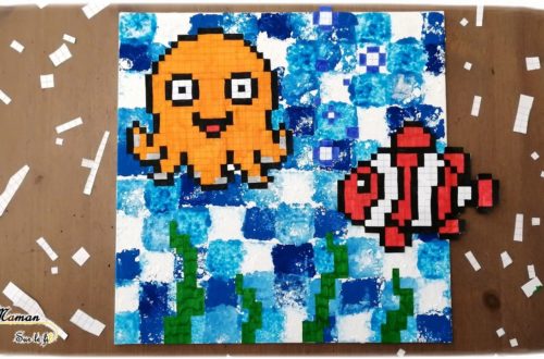 Créer un tableau de la mer en pixel art - Animaux marins, poissons, pieuvre, algues - Peinture mosaïque à l'éponge - Activité créative enfants été - Arts Visuels activité enfants - mslf