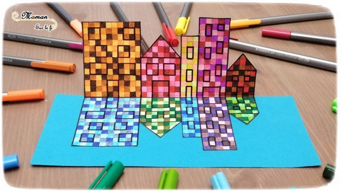 Dessiner des maisons au bord de l'eau en pixel art - Couleurs chaudes et froides - Reflets et symétrie - Activité créative enfants été - Arts Visuels - mslf