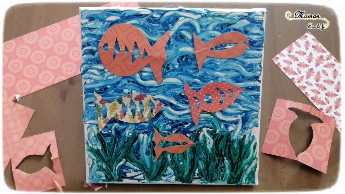 Créer un tableau Fonds marins avec poissons mobiles - peinture blanche et encre - Relief - Découpage et fil invisible - mer- Activité créative enfants été - Arts Visuels activité enfants - mslf