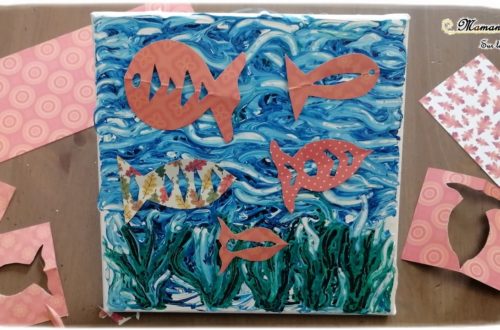 Créer un tableau Fonds marins avec poissons mobiles - peinture blanche et encre - Relief - Découpage et fil invisible - mer- Activité créative enfants été - Arts Visuels activité enfants - mslf