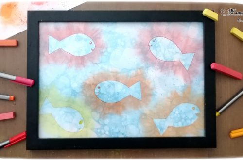 Aquarium, mer en peinture aux bulles - contours de poissons aux pastels - Poissons et été - Fonds marins - arts visuels maternelle - activité enfants - mslf