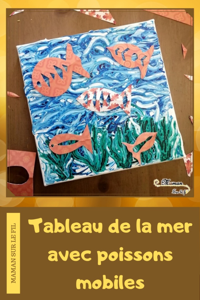 Créer un tableau Fonds marins avec poissons mobiles - peinture blanche et encre - Relief - Découpage et fil invisible - mer- Activité créative enfants été - Arts Visuels activité enfants - mslf