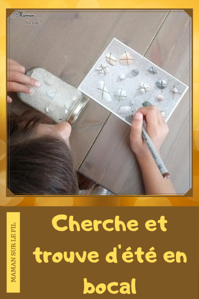 Cherche et trouve de l'été - Sable, coquillages et bocal - activité enfants à emporter - en voiture et voyage - bac sensoriel - observation et patience - jeu DIY facile et rapide - mslf