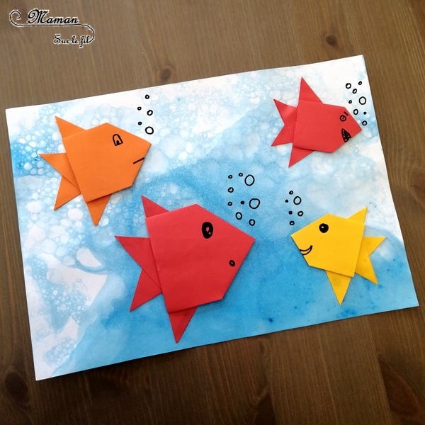 Aquarium, mer en peinture aux bulles - poissons en origami - Pliage papier - Poissons et été - Fonds marins - arts visuels maternelle - activité créative enfants - mslf