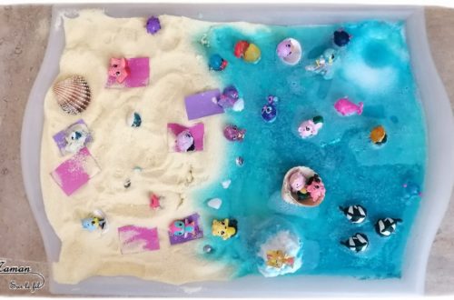 Invitation à jouer : Bac sensoriel Plage Hatchimals - Boules de bain, paillettes et eau - Lagon, tropiques - bulles, brillant, mousse - expérience, vue, odorat - Activité enfants - mslf