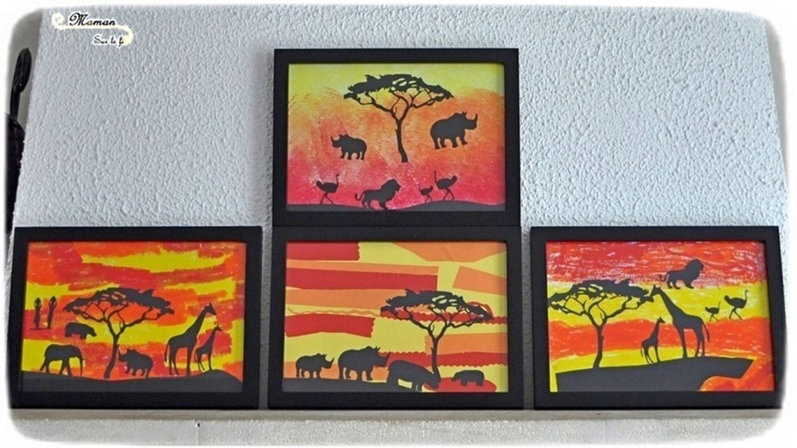 Créer des tableaux de la savane au soleil couchant en 3 façons - Utilisation de différentes techniques : découpage, collage - peinture en stick - peinture éponge couleurs et dégradé - Ombre animaux, arbre, femme - arts visuels maternelle - activité créative enfants - mslf