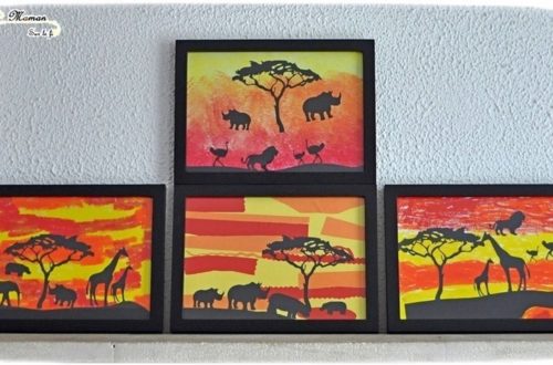 Créer des tableaux de la savane au soleil couchant en 3 façons - Utilisation de différentes techniques : découpage, collage - peinture en stick - peinture éponge couleurs et dégradé - Ombre animaux, arbre, femme - arts visuels maternelle - activité créative enfants - mslf