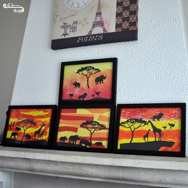 Créer des tableaux de la savane au soleil couchant en 3 façons - Utilisation de différentes techniques : découpage, collage - peinture en stick - peinture éponge couleurs et dégradé - Ombre animaux, arbre, femme - arts visuels maternelle - activité créative enfants - mslf