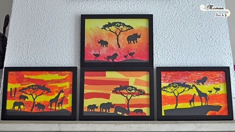 Créer des tableaux de la savane au soleil couchant en 3 façons - Utilisation de différentes techniques : découpage, collage - peinture en stick - peinture éponge couleurs et dégradé - Ombre animaux, arbre, femme - arts visuels maternelle - activité créative enfants - mslf