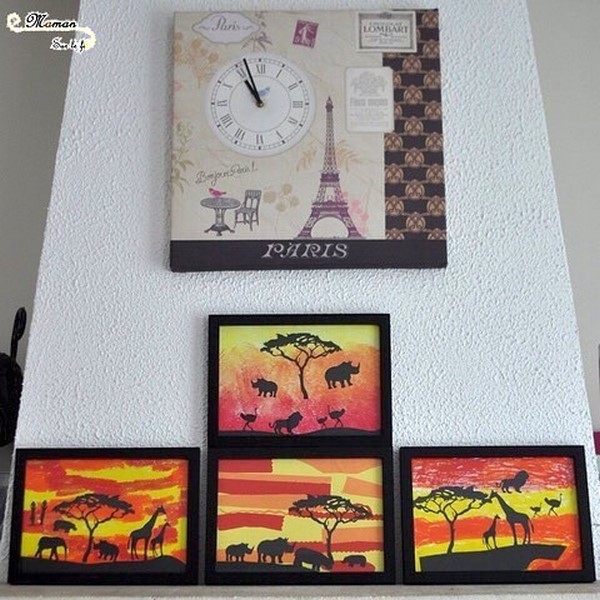 Créer des tableaux de la savane au soleil couchant en 3 façons - Utilisation de différentes techniques : découpage, collage - peinture en stick - peinture éponge couleurs et dégradé - Ombre animaux, arbre, femme - arts visuels maternelle - activité créative enfants - mslf