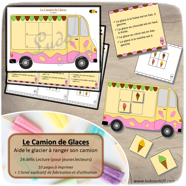 Jeu du camion de glaces - Placer les Glaces selon lecture indices - 24 défis - vocabulaire spatial, addition, chiffre, pair et impair - jeune lecteur - logique et déduction - jeu atelier à télécharger et à imprimer - lslf