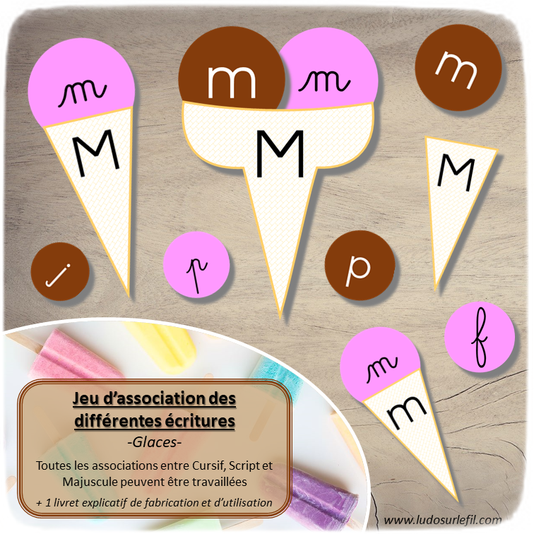 Jeu d'association différentes graphies des lettres - Glaces - Ecritures majuscule script et cursif - Ordre alphabétique - Alphabet - Atelier autonome maternelle - IEF - à télécharger et imprimer - lslf