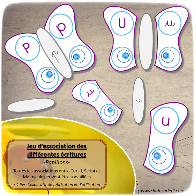 Jeu d'association différentes graphies des lettres - Papillons, insectes et printemps - Ecritures majuscule script et cursif - Ordre alphabétique - Alphabet - Atelier autonome maternelle - IEF - à télécharger et imprimer - lslf