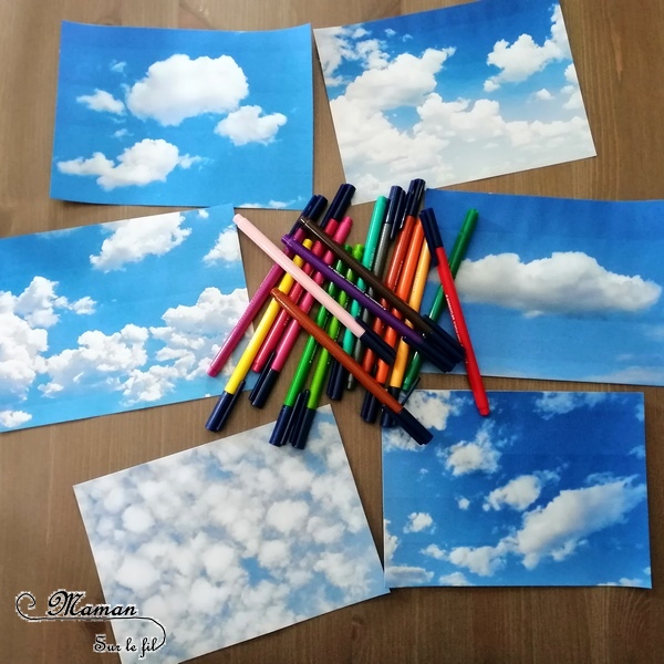 Activité créative enfants - dessiner sur des photos de nuages - imagination et dessin - invitation à créer - cadre en pastel étalé, au feutre et au feutre métallique contour - arts visuels maternelle et élémentaire - mslf