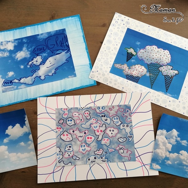 Activité créative enfants - dessiner sur des photos de nuages - imagination et dessin - invitation à créer - cadre en pastel étalé, au feutre et au feutre métallique contour - arts visuels maternelle et élémentaire - mslf