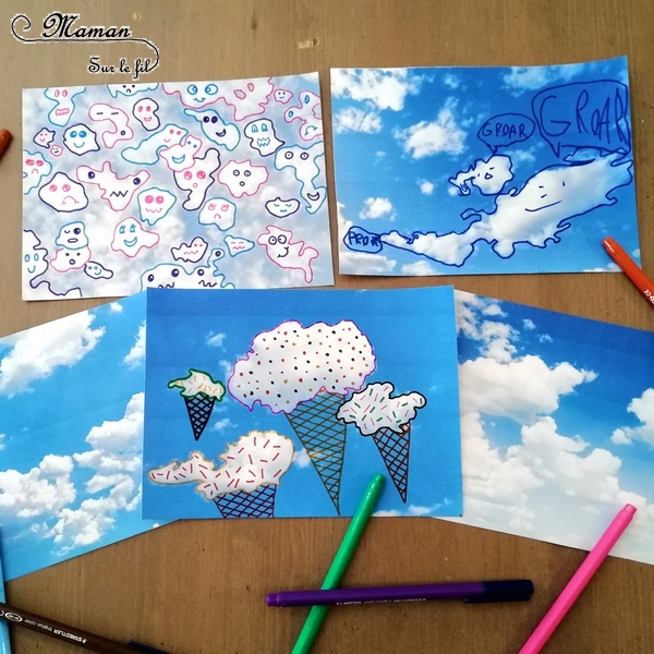 Activité créative enfants - dessiner sur des photos de nuages - imagination et dessin - invitation à créer - cadre en pastel étalé, au feutre et au feutre métallique contour - arts visuels maternelle et élémentaire - mslf