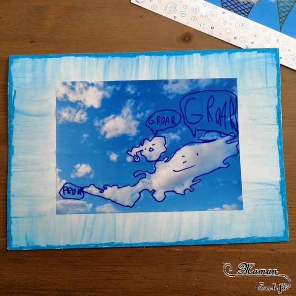 Activité créative enfants - dessiner sur des photos de nuages - imagination et dessin - invitation à créer - cadre en pastel étalé, au feutre et au feutre métallique contour - arts visuels maternelle et élémentaire - mslf