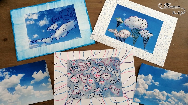 Activité créative enfants - dessiner sur des photos de nuages - imagination et dessin - invitation à créer - cadre en pastel étalé, au feutre et au feutre métallique contour - arts visuels maternelle et élémentaire - mslf