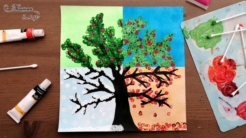 Activité créative enfants - technique de peinture rigolote - Arbre des 4 saisons au coton-tige - Couleurs, Rouleau et masking-tape - Arts visuels - printemps, été, hiver, automne - maternelle - mslf