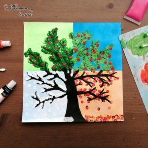 Activité créative enfants - technique de peinture rigolote - Arbre des 4 saisons au coton-tige - Couleurs, Rouleau et masking-tape - Arts visuels - printemps, été, hiver, automne - maternelle - mslf