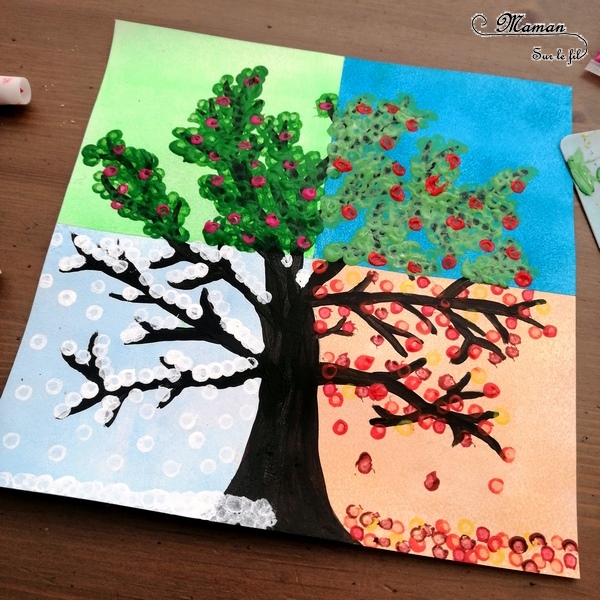 Activité créative enfants - technique de peinture rigolote - Arbre des 4 saisons au coton-tige - Couleurs, Rouleau et masking-tape - Arts visuels - printemps, été, hiver, automne - maternelle - mslf