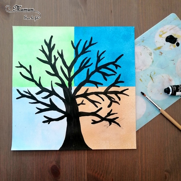 Activité créative enfants - technique de peinture rigolote - Arbre des 4 saisons au coton-tige - Couleurs, Rouleau et masking-tape - Arts visuels - printemps, été, hiver, automne - maternelle - mslf