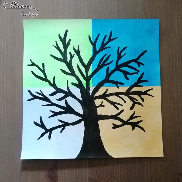 Activité créative enfants - technique de peinture rigolote - Arbre des 4 saisons au coton-tige - Couleurs, Rouleau et masking-tape - Arts visuels - printemps, été, hiver, automne - maternelle - mslf