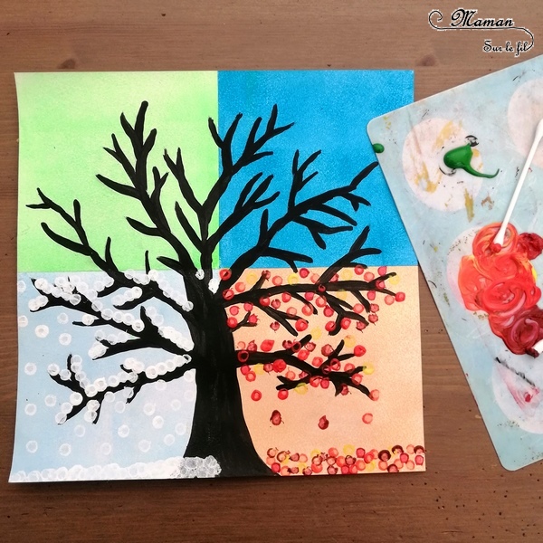 Activité créative enfants - technique de peinture rigolote - Arbre des 4 saisons au coton-tige - Couleurs, Rouleau et masking-tape - Arts visuels - printemps, été, hiver, automne - maternelle - mslf