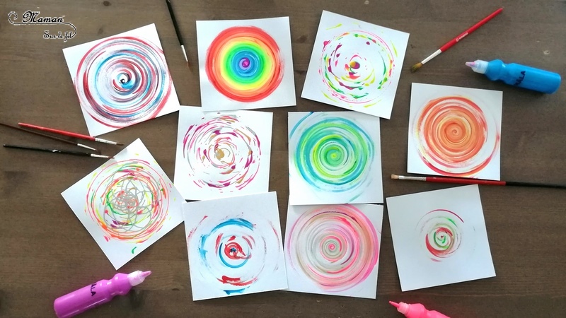 Peindre avec un tour de potier - Le détourner - Peinture, cercles et mélanges de couleurs primaires - Pinceaux et gouttes de peinture - Rotation avec feutre et stylos - activité créative enfants - arc-en-ciel - arts visuels maternelle - mslf