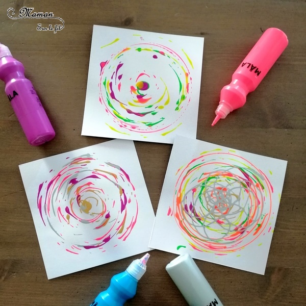 Peindre avec un tour de potier - Le détourner - Peinture, cercles et mélanges de couleurs primaires - Pinceaux et gouttes de peinture - Rotation avec feutre et stylos - activité créative enfants - arc-en-ciel - arts visuels maternelle - mslf