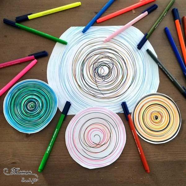 Peindre avec un tour de potier - Le détourner - Peinture, cercles et mélanges de couleurs primaires - Pinceaux et gouttes de peinture - Rotation avec feutre et stylos - activité créative enfants - arc-en-ciel - arts visuels maternelle - mslf