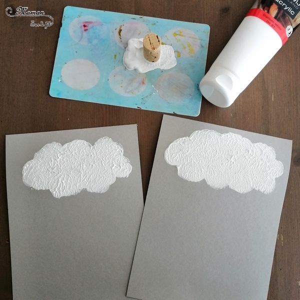 Activité créative enfants - Nuage peint avec un bouchon et pluie multicolore avec des pailles collées - technique de peinture - Météo et ciel - Arts visuels - maternelle - mslf