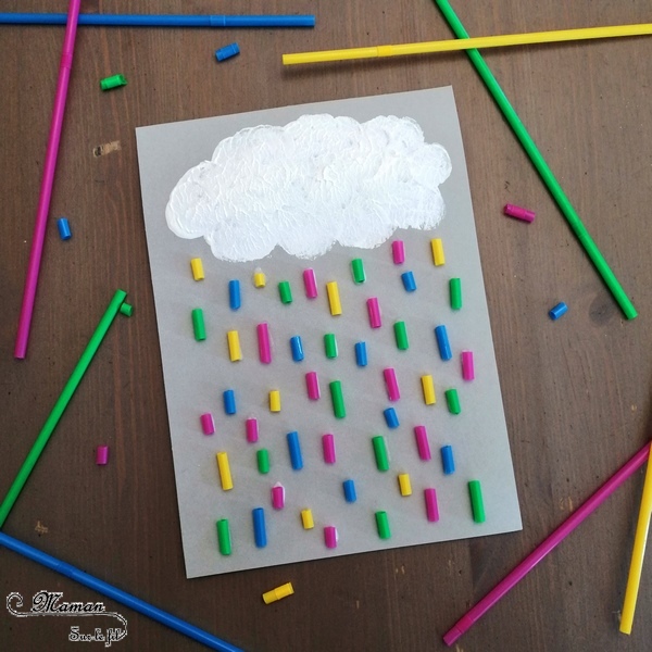 Activité créative enfants - Nuage peint avec un bouchon et pluie multicolore avec des pailles collées - technique de peinture - Météo et ciel - Arts visuels - maternelle - mslf